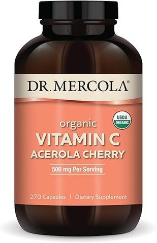 Vitamina C Orgânica Acerola Cherry, 90 Porções (270 Cápsulas), 500 mg Por Porção, Suplemento Alimentar, Suporta a Função Imunológica Saudável, Não-OGM, Certificado Orgânico USDA - Dr. Mercola