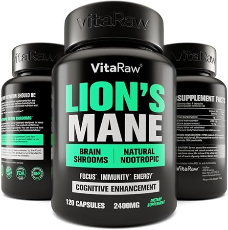 VitaRaw - Suplemento de Cápsulas de Leão Orgânico 2400 mg – Poderoso Nootrópico – Ajuda a Manter Memória, Energia e Clareza Mental – Estimulante Cerebral Vegano – Real Leão Orgânico