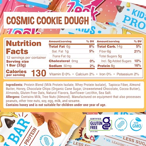 Zeek - ZEEK BAR – Barras de Proteína Infantil – 50% Menos Açúcar, 8g Proteína – Natural, Não-OGM, Sem Glúten – Cosmic Cookie Dough, 12 Unidades