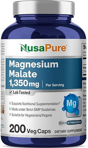 Magnesium Malate 1350mg – 200 Cápsulas Vegetais (Vegano, Não-OGM, Sem Glúten) - NusaPure