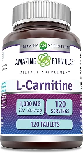 Amazing Nutrition - Amazing Formulas L-Carnitine | 1000 mg por Porção | 120 Comprimidos | Livre de Transgênicos | Sem Glúten | Fabricado nos EUA