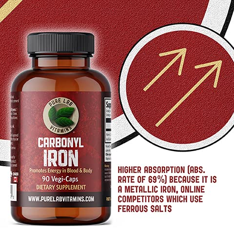 Suplemento de Ferro Carbonyl, 90 Cápsulas Vegetais | Fórmula Única de Ferro Metálico com Ácido Ascórbico, Alta Bioacessibilidade | Não Causa Constipação | Suporte para a Saúde Sanguínea - Pure Lab Vitamins