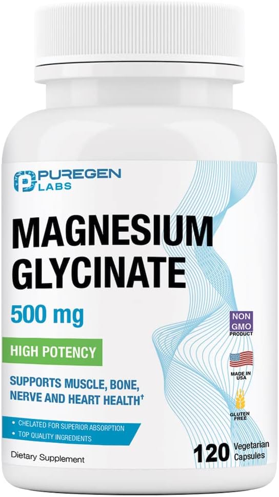 P Puregen Labs - Magnésio Glicinato 500mg [Alta Potência] 120 Cápsulas Vegetais, Quelado para Absorção Superior, Sem OGM, Sem Glúten e Lactose, Suporta Saúde Muscular, Articular e Cardíaca