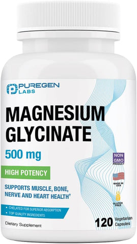 P Puregen Labs - Magnésio Glicinato 500mg [Alta Potência] 120 Cápsulas Vegetais, Quelado para Absorção Superior, Sem OGM, Sem Glúten e Lactose, Suporta Saúde Muscular, Articular e Cardíaca