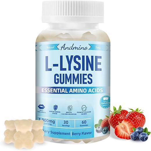 andmino - L-Lysine Gummies 1000 mg com Trehalose – Gomas de L Lisina para os Lábios | Marca: L-Lysine Gummies