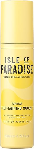 Isle of Paradise Mousse Autobronzeador Expresso – Bronzeamento Rápido em 30 Min – Ativos Corretivos de Cor para Tom de Pele Uniforme – Vegano e Livre de Crueldade – Espuma Autobronzeadora
