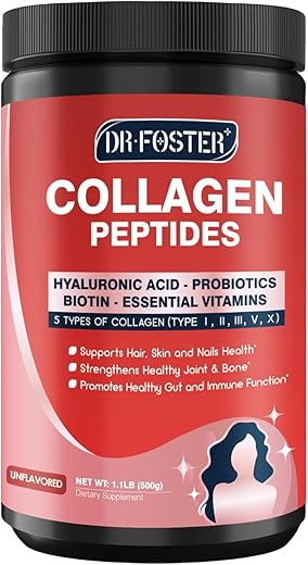 DRFOSTER - Pó de Colágeno Hidrolisado com Peptídeos de Colágeno, Ácido Hialurônico e Biotina – 50 Porções – Probióticos – Marca em Destaque