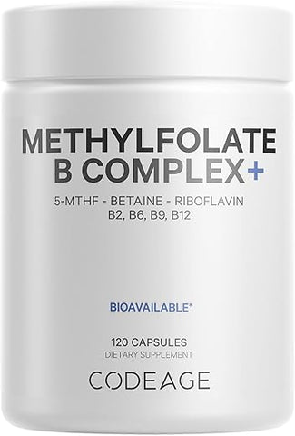 Suplemento Codeage Methylfolate B Complex – 5 MTHF, Methylcobalamin 1000mcg Vitamina B12 Metilada, Riboflavina, Betaína, Vitaminas B6, Ciclo de Metilação MTHFR – 2 Meses – 120 cápsulas