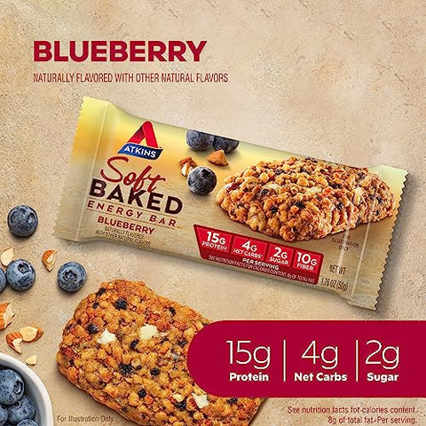Barras Energéticas Soft Baked, Mirtilo, 15g Proteína, 2g Açúcar, Excelente Fonte de Fibra, Baixo Carboidrato, 4 Pacotes (5 Barras Cada) - Atkins