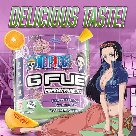 ONE Piece Pó Energético Flor-Flor Fruta, Sem Açúcar, Cafeína Limpa, Suplemento de Foco com Cafeína, Mistura para Água, Aminoácidos de Foco, Mistura de Vitaminas Antioxidantes, Laranja Abacaxi Melão, 3.7g - G Fuel