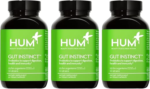 Gut Instinct – Probióticos Diários para Saúde Digestiva de Mulheres e Homens – Cepas de Lactobacillus Bifidobacterium para Inchaço, Suporte Imunológico e Diversidade Saudável do Intestino (90 cápsulas) - HUM