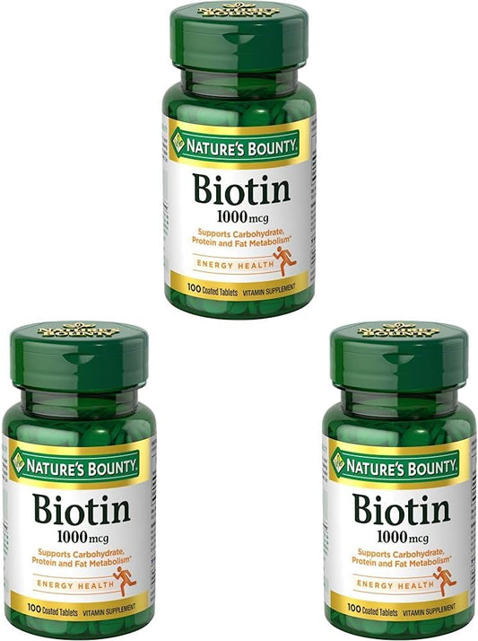 Nature's Bounty - Nature’s Bounty Biotina, Suplemento Vitamínico, Suporta Metabolismo para Energia Celular e Cabelos, Pele e Unhas Saudáveis, 1000 mcg, 100 Comprimidos (Pacote com 3)