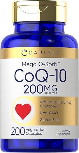 CoQ10 200mg | 200 Cápsulas | Mega Q-Sorb Coenzima Q-10 | Vegetariano, Não-OGM, Sem Glúten | Comprar Online - Carlyle