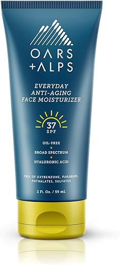 Oars + Alps - Oars Alps Protetor Solar SPF 37 e Hidratante Facial Anti-Envelhecimento Diário, com Ácido Hialurônico, Vitamina E e Vitamina B5, 60 ml, Amigo da TSA