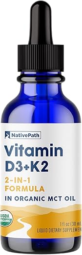 D3K2 Tincture – Vitamina D3 e Vitamina K2 com Óleo MCT Orgânico – 30ml – Bioabsorção Rápida – Multivitamínico para Fortalecimento Ósseo e Saúde Total - NativePath