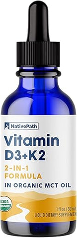 D3K2 Tincture – Vitamina D3 e Vitamina K2 com Óleo MCT Orgânico – 30ml – Bioabsorção Rápida – Multivitamínico para Fortalecimento Ósseo e Saúde Total - NativePath