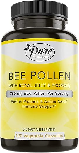 Pure By Nature - Suplemento de Pólen de Abelha Pure By Nature com Própolis – 100% Natural e Potente | 60 cápsulas | Marca