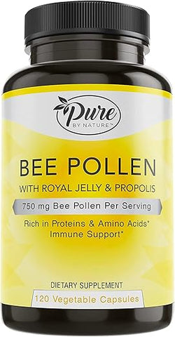 Pure By Nature - Suplemento de Pólen de Abelha Pure By Nature com Própolis – 100% Natural e Potente | 60 cápsulas | Marca