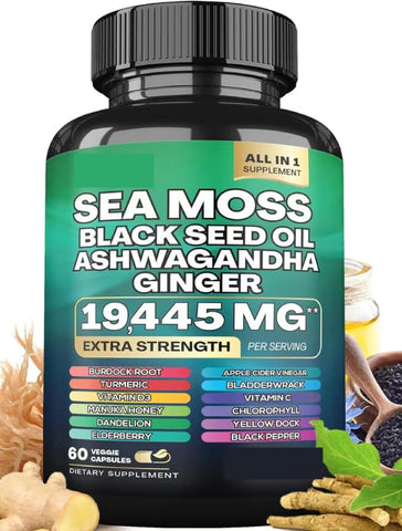 Generic - Óleo de Semente de Cominho Preto, Ashwagandha, Gengibre, Cúrcuma, Alga Marinha, Bardana, Vitamina D3, Vitamina C, ACV, Clorofila, Manuka, Sabugueiro, Dente-de-leão – 60 Cápsulas