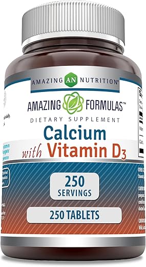 Amazing Nutrition - Amazing Formulas Cálcio 600 Mg com Vitamina D3 400 UI | 250 Comprimidos | Não-OGM | Sem Glúten | Fabricado nos EUA
