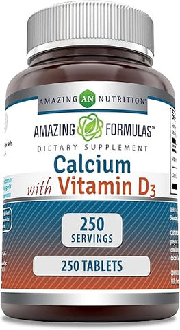 Amazing Nutrition - Amazing Formulas Cálcio 600 Mg com Vitamina D3 400 UI | 250 Comprimidos | Não-OGM | Sem Glúten | Fabricado nos EUA