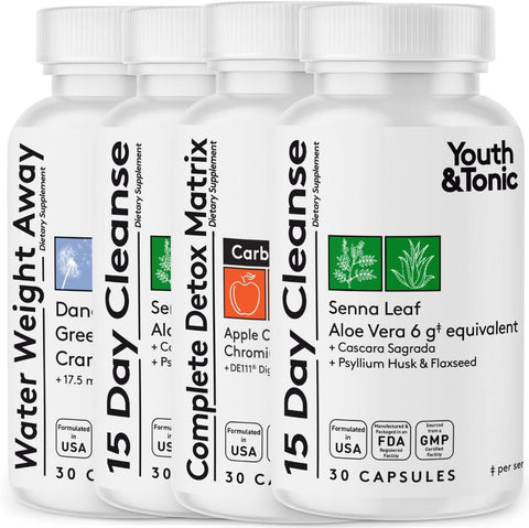 Youth & Tonic - Detox Cleanse Kick Off – Gerenciamento de Peso e Limpeza Extra do Cólon. 4 unidades para Perda de Água, Inchaço, Barriga Lisa, Retenção de Líquidos com Vinagre de Maçã, Folha de Sene, Glucomanano