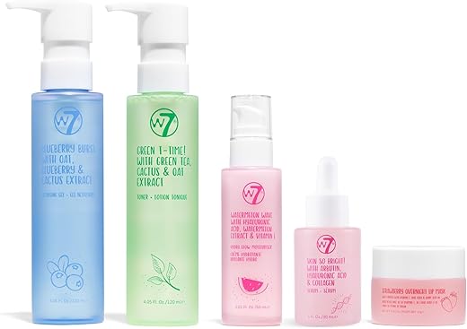 W7 - Conjunto de Cuidados com a Pele W7 – Rotina Diária de 5 Passos – Hidratante, Sérum, Tônico, Limpeza