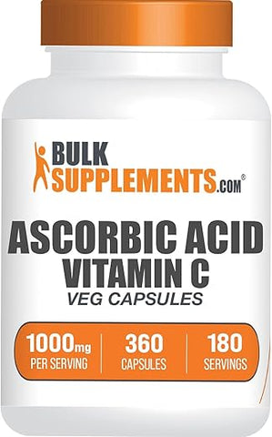com Cápsulas de Ácido Ascórbico – Vitamina C 1000mg, Suplemento de Vitamina C – para Suporte Imunológico Livre de Glúten, 2 Cápsulas por Porção, 360 Cápsulas Vegetais - BulkSupplements