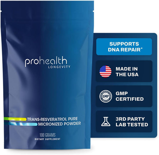 Longevity – Pó Trans Resveratrol a Granel 100g – Grau Farmacêutico Puro, 1000mg por Porção, Absorção e Bioacessibilidade Superiores - ProHealth