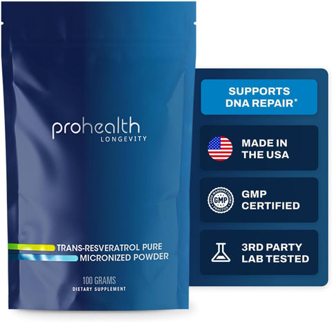 Longevity – Pó Trans Resveratrol a Granel 100g – Grau Farmacêutico Puro, 1000mg por Porção, Absorção e Bioacessibilidade Superiores - ProHealth