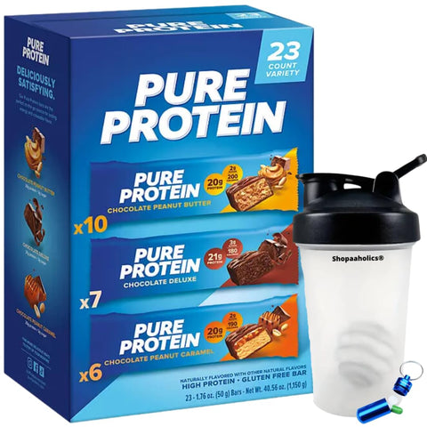 SHOPAAHOLICS - Conjunto Fitness Shopaaholics, Pack Variado de Barras de Proteína Pura Sem Glúten de Chocolate 23 un, Garrafa Shaker com Bola de Mistura, Caixa de Pílulas de Alumínio