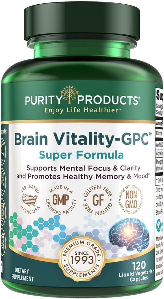 Fórmula Super Brain Vitality-GPC da Purity Products – Acetyl L-Carnitine HCI Alpha GPC Phosphatidlyserine – Suporta Concentração Normal e Clareza Mental – 120 Cápsulas