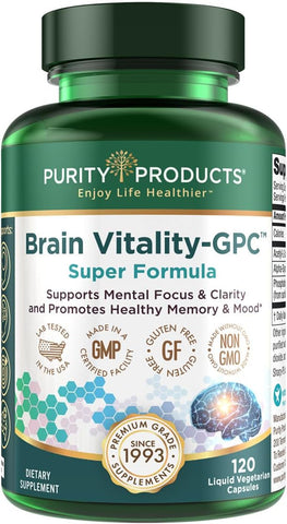 Fórmula Super Brain Vitality-GPC da Purity Products – Acetyl L-Carnitine HCI Alpha GPC Phosphatidlyserine – Suporta Concentração Normal e Clareza Mental – 120 Cápsulas