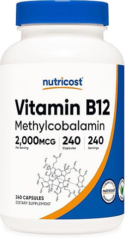 Vitamina B12 (Metilcobalamina) 2000mcg, 240 Cápsulas – Cápsulas Vegetarianas, Livre de Transgênicos, Sem Glúten - Nutricost
