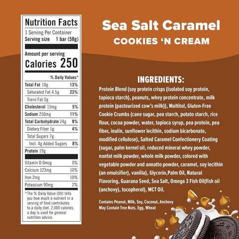 JIMMYBAR - JiMMY’S! Barra de Proteína Funcional – Caramelo com Sal Marinho Cookies N’ Cream – 12 Unidades – 18g Proteína – Cafeína, Ômega 3 e Óleos MCT – Baixo teor de açúcar, sem glúten