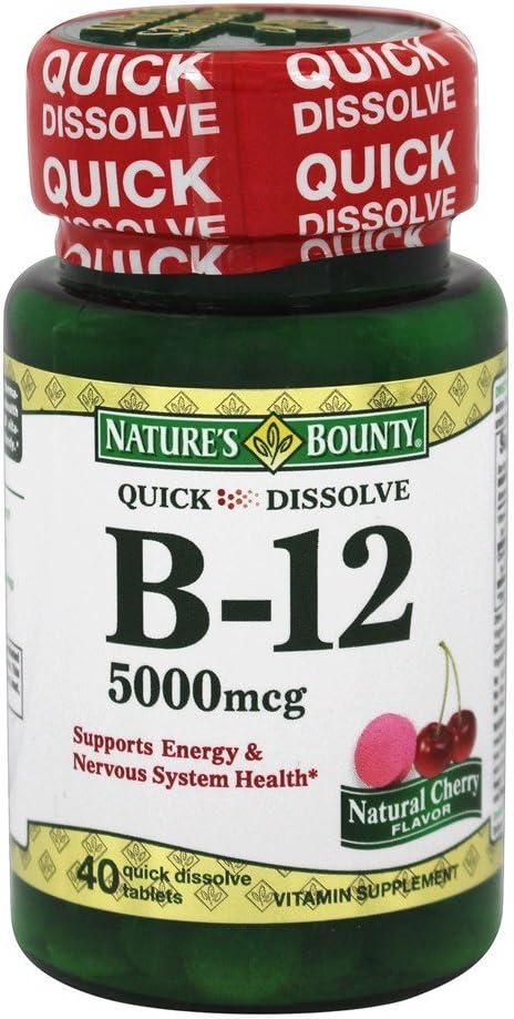 Nature's Bounty - Nature’s Bounty B-12 5000 mcg – Suplemento de Dissolução Rápida Sabor Natural de Cereja – 40 Comprimidos, Embalagem com 2 – Marca Nature’s Bounty