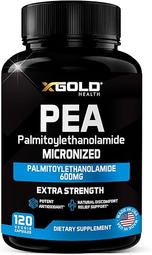 X Gold Health - Palmitoiletanolamida Suplemento 600 mg | PEA Micronizado 99%% Altamente Purificado e Bioacessível | Fabricado nos EUA | Para Homens e Mulheres – 120 Cápsulas