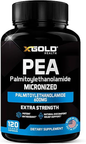 X Gold Health - Palmitoiletanolamida Suplemento 600 mg | PEA Micronizado 99%% Altamente Purificado e Bioacessível | Fabricado nos EUA | Para Homens e Mulheres – 120 Cápsulas