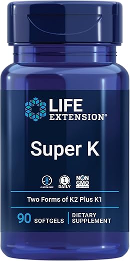 Super K – Vitamina K1, Vitamina K2 mk-7, Vitamina K2 mk-4, Vitamina C – Saúde óssea/cardíaca/arterial – Suprimento de 3 meses – Sem glúten – 1 diária – Não-OGM – 90 softgels - Life Extension