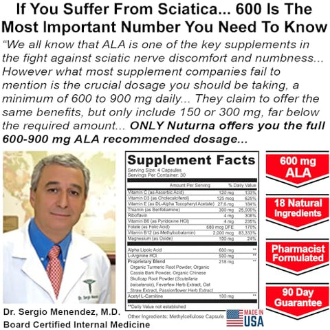 Nuturna - Fórmula de Suporte para Alívio do Nervo Ciático com 600 mg de Ácido Alfa Lipóico – Fórmula 18 em 1 para Ciática na Região Lombar, Quadril, Perna, Pé – Curcumina de Cúrcuma – 120 g