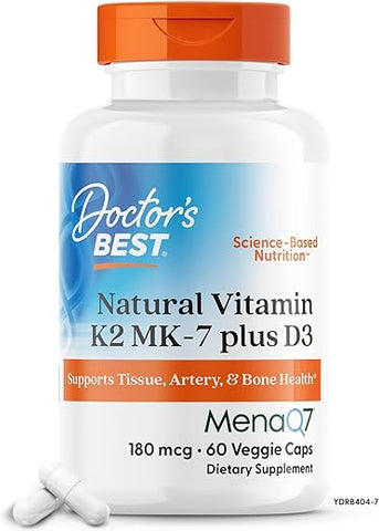 Doctor's BEST - Doctor’s Best Vitamina K2 Natural com MK-7, 180mcg + D3 1000UI, Sem OGM, Sem Glúten, Vegetariano, Sem Soja, 60 Cápsulas Vegetais