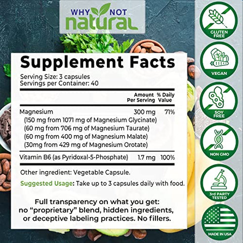 Why Not Natural - Complexo de Magnésio 4 em 1 – Cápsulas de Mistura de Glicinato, Taurato, Malato e Orotato – 300 mg por Porção, 120 Cápsulas