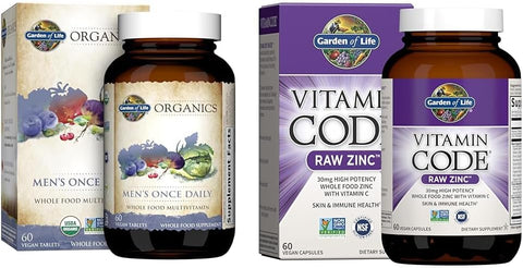 Organics – Multivitamínico Masculino Diário de Alimentos Integrais em Tabletes – 60 Unidades + Suplemento de Zinco de Alta Potência – 30mg - Garden of Life