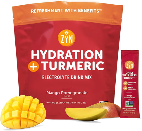 Pó de Cúrcuma, Mistura de Bebida Eletrolítica em Pacotes de Hidratação 32 Porções | Manga Romã | Pó de Eletrólitos Saudável com Cúrcuma, Vitamina C, Zinco - ZYN