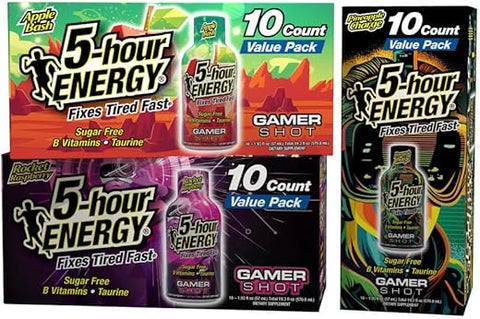 5-hour ENERGY - 5-Hour Energy Gamer Shots – Pack com Variedade de 30 Unidades (57 ml) – Maçã Poderosa, Framboesa Veloz, Energia de Abacaxi – Extra Forte