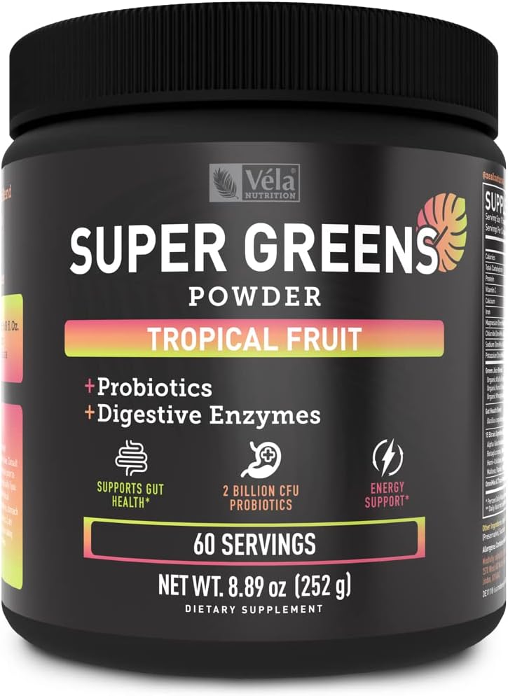 Véla - Super Greens em Pó | Superfood para Apoiar Enzimas Digestivas e Reduzir Inchaço com 2 Bilhões de Probióticos | Aumente os Níveis de Energia