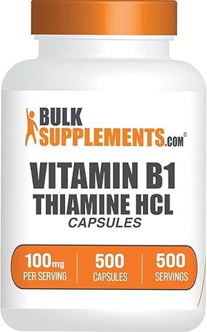 com Cápsulas de Cloridrato de Tiamina – Suplemento de Vitamina B, B1 – Livre de Glúten, 100mg de Tiamina HCl, 1 Cápsula por Porção, 500 Cápsulas - BulkSupplements