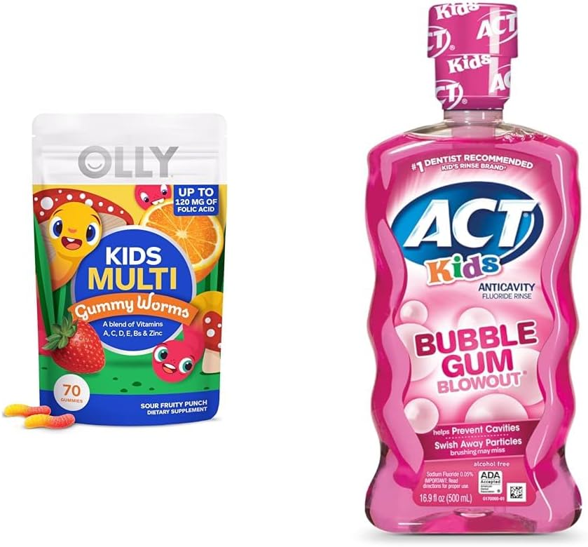 Kids Multivitamin Gummy Worms 70 Unidades e ACT Kids Enxaguante Bucal Anticárie Bubble Gum 500 ml para Prevenção de Cáries - OLLY