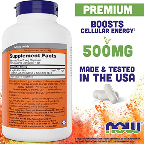 Acetyl L Carnitine 500mg – 360 Cápsulas Vegetais – Não-OGM ACL 500 mg Caps - NOW Foods