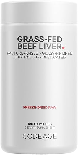 Superalimento de Fígado Bovino Desidratado, Não Desengordurado, em Cápsulas Glandulares, Vitaminas de Fígado Bovino, Carne de Fígado Não-OGM, Criado em Pasto - Codeage